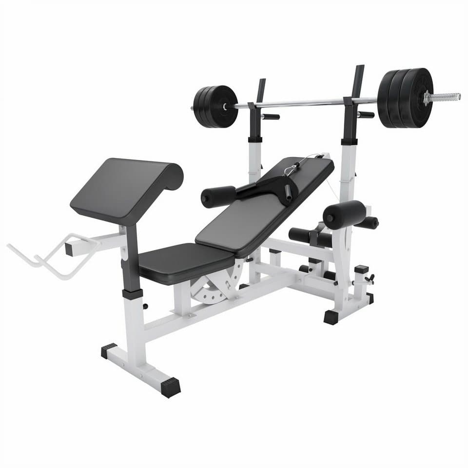 GORILLA SPORTS Kraftstation inkl. Hantelset 100kg, Latzug, Weiß/Schwarz - Multifunktion Hantelbank